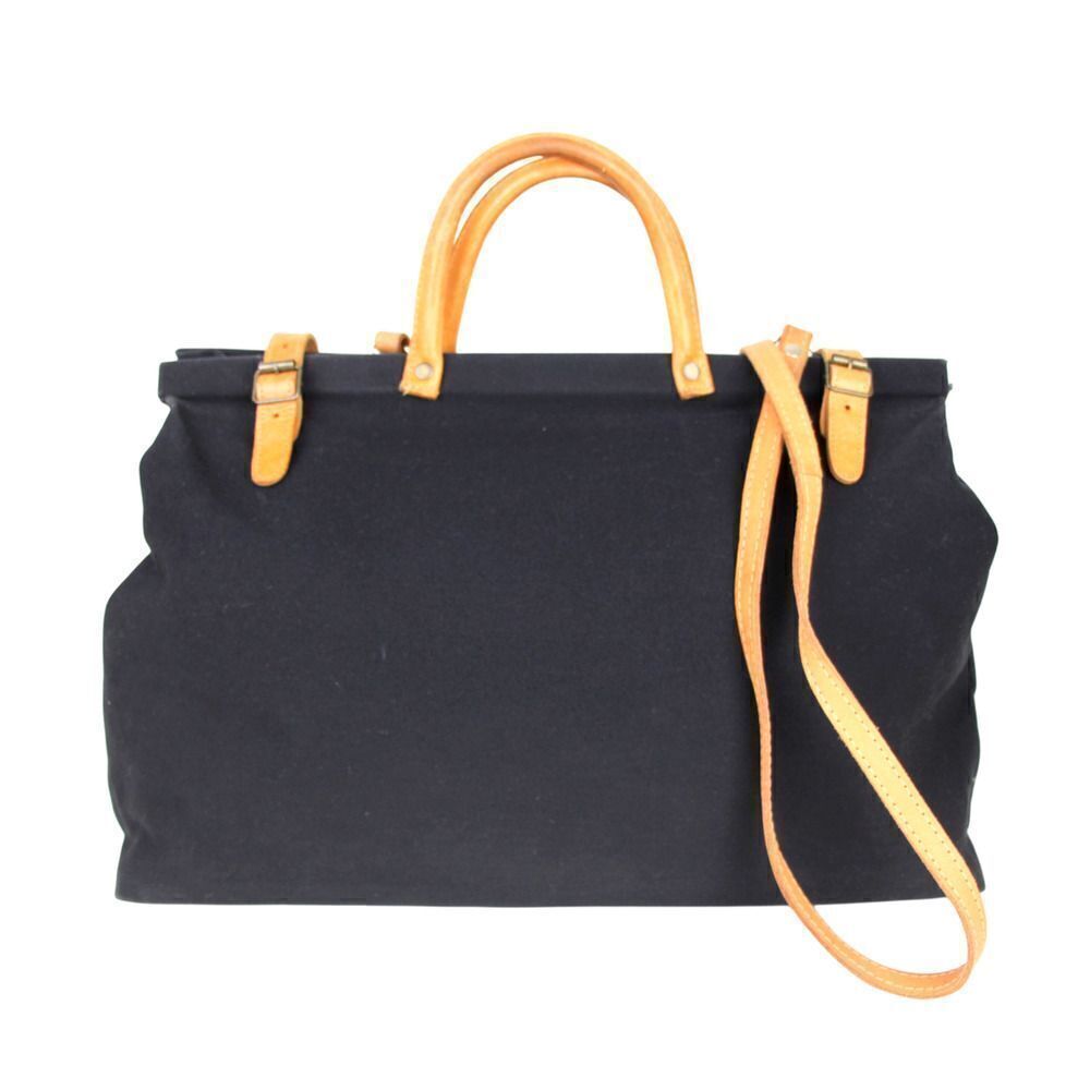 Amanda Smith Black Canvas Crossbody Tote with Tan Leather Handles